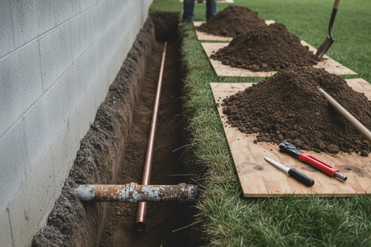Excavated water line trench during Sewer Line Repair in Fort Valley